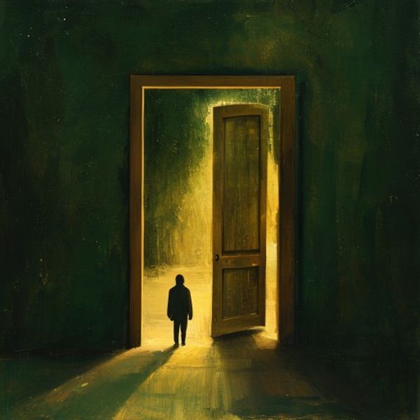 Figura caminando lejos de una puerta iluminada