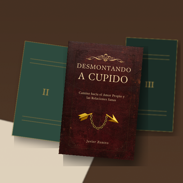 Tres lomos de libro alineados con Cupido en primer plano